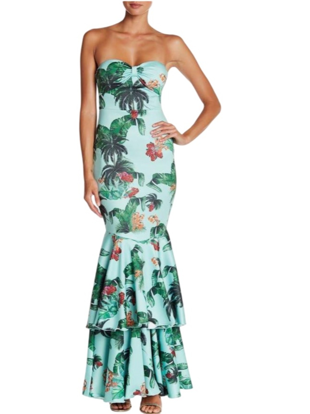 Meghan LA Bonita Palms Green Tropical Strapless Maxi Dress Medium